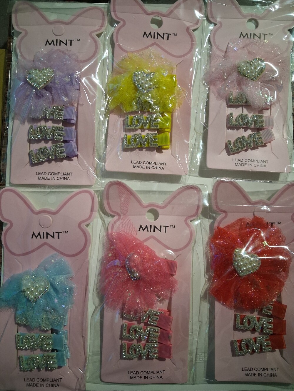 Mint Pastel Pink Hair Clips Set with Pearl Hearts (Purple & Blue Accents)